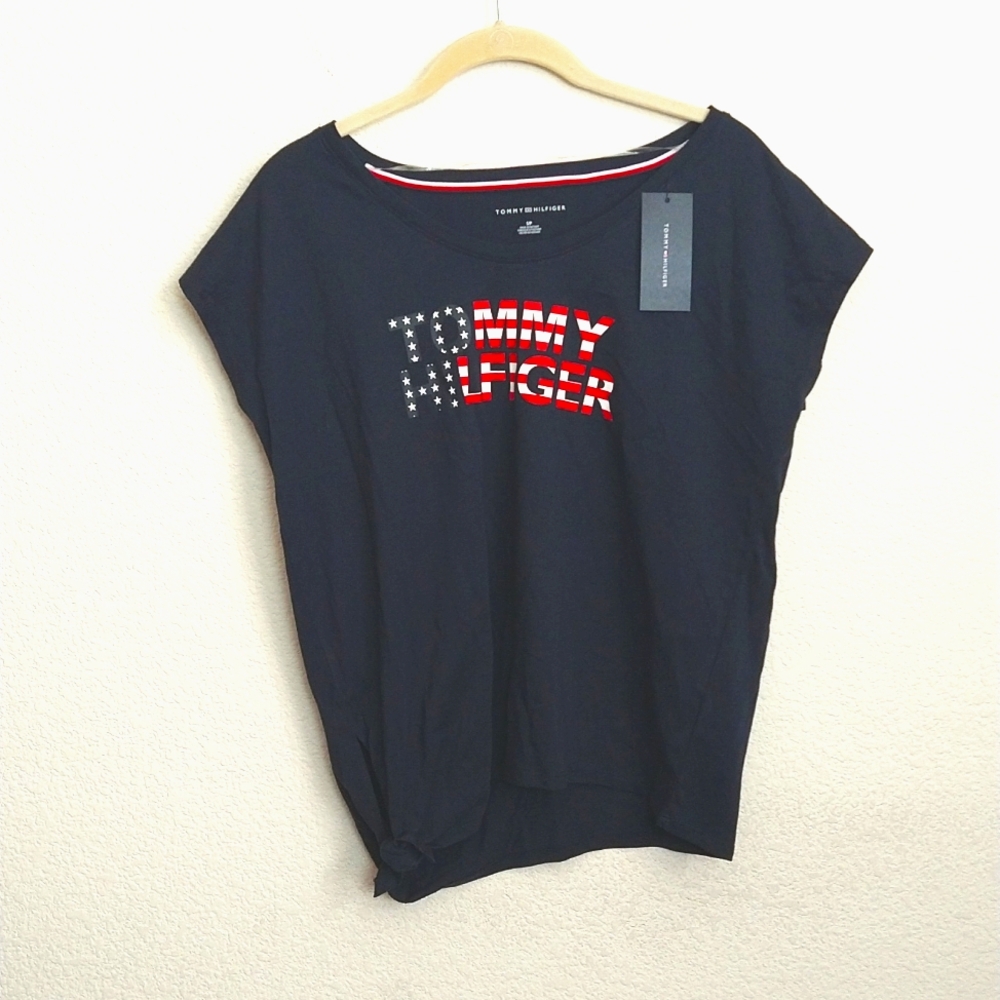 NWT Tommy Hilfiger Navy Blue USA Flag Stars Graphic Size T Shirt Size Small